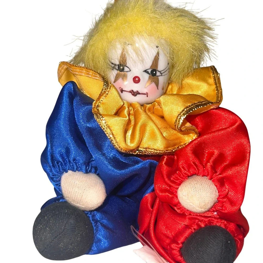 Vintage Artmark Chicago Ltd Porcelain Clown Doll Blue Red Satin Harlequin Decor